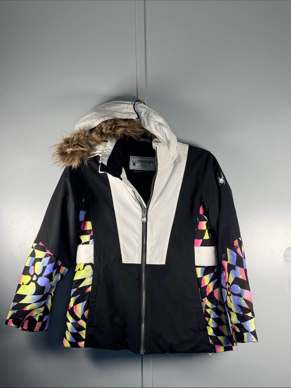 Spyder Black and White Girls' Ski Jacket with Neon Geometric Accents